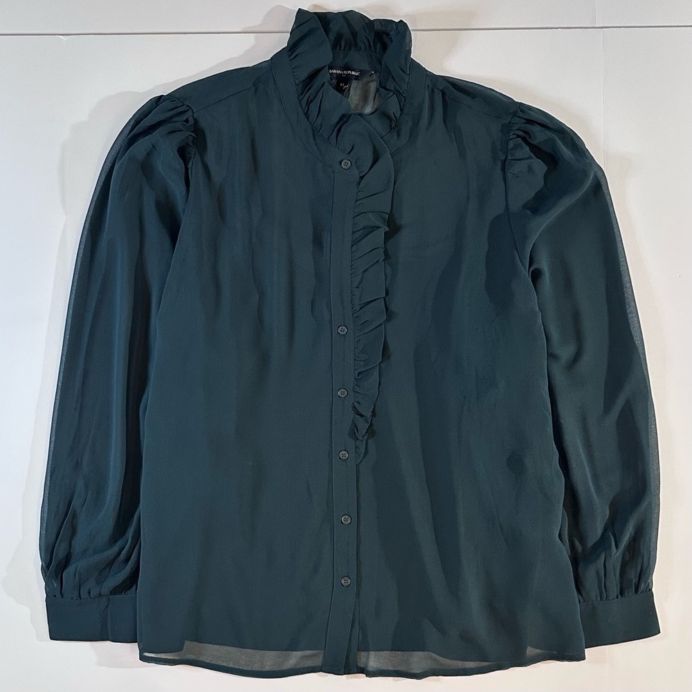Banana Republic Factory Ruffle-Front Blouse in Ocean Emerald | XL | NWOT